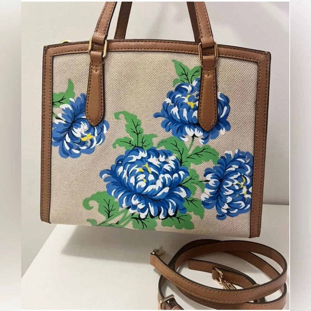 TORY BURCH Emerson Ditsy Floral Canvas Structured Work Satchel; 100% Auth GUC